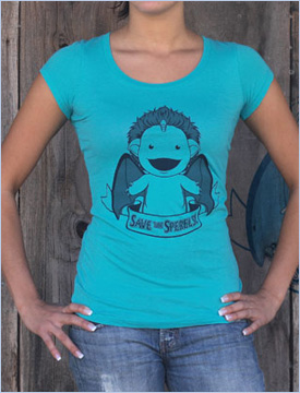 The first Sperel Apparel ladies t-shirt, a form-fitting turquoise scoop neck with cap sleeves.