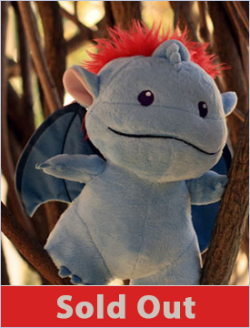 Plush Sperel release #01: The first cute little sperel plushie available for adoption through The Joldabrun Foundation stands eight inches tall, with soft light blue skin tone and bright red hair.
